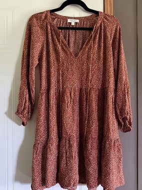 Boutique Tiered Rust Print V-Neck Long Sleeve Dress
